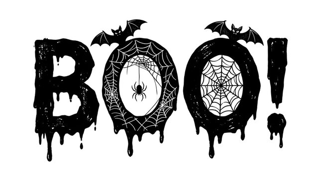 Spooky boo text design with bats and spider webs
