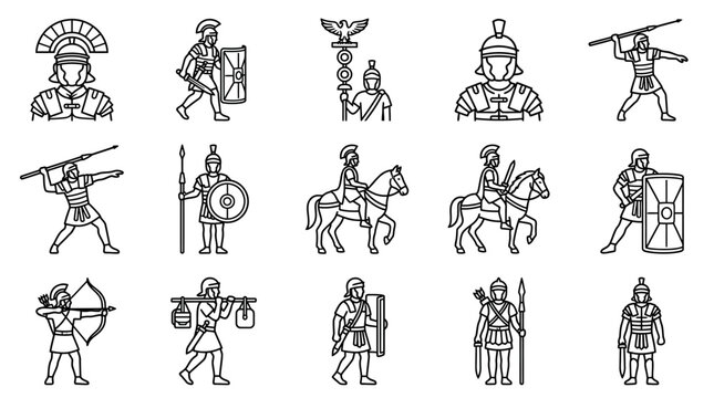 Roman Soldiers Icons Set, Ancient Warriors Vector Art
