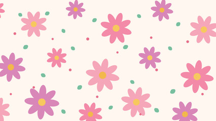 Obraz premium Cute floral seamless pattern background with pink and purple daisies and tiny green leaves