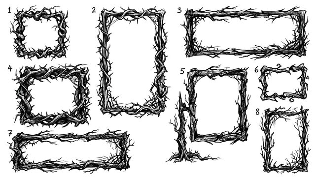 Collection of hand drawn thorny branch frames and borders