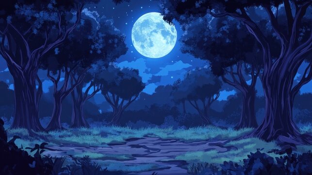 scary forest at night with full moon