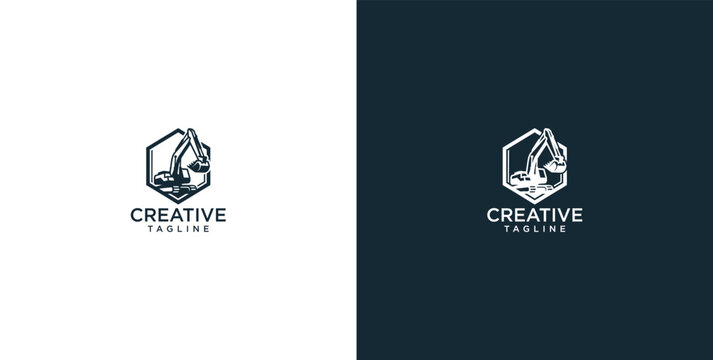 Modern hexagonal logo design featuring a powerful excavator, symbolizing strength, construction, earthmoving, and efficient heavy machinery operations for innovative businesses