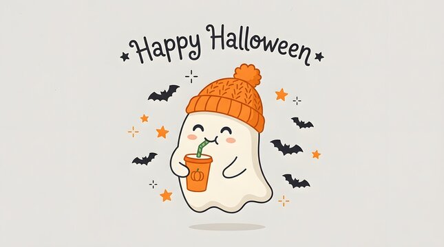Cute ghost wearing an orange beanie hat drinking from a pumpkin cup