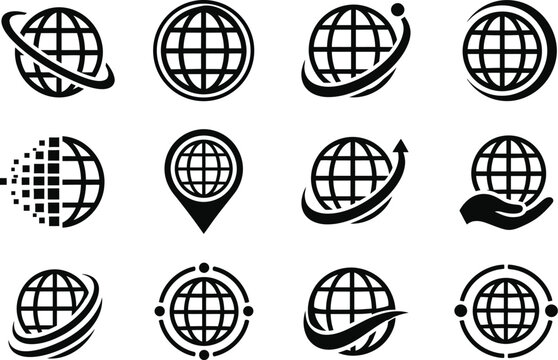 A comprehensive bundle of 12 black world globe and internet web logo designs in minimalist silhouette style. This industrial vector collection features diverse digital business concepts including pixe