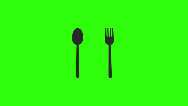 Animated fork and spoon icon loop on green screen background, food dining graphic element chroma key
