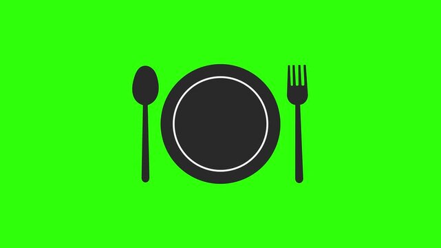 Animated plate with fork and spoon icon loop on green screen background, food dining graphic element chroma key