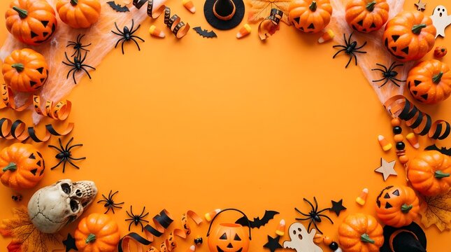 Halloween decorations frame on orange background