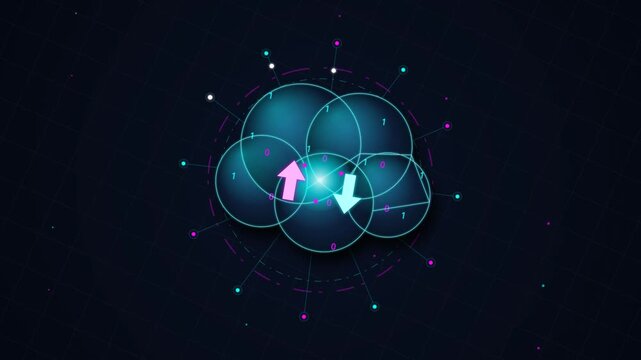 Abstract digital cloud computing concept with glowing upload and download arrows transferring binary data in a futuristic cyberspace network