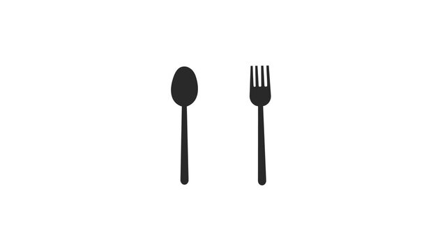 Animated fork and spoon icon loop on white background, food dining motion graphic element