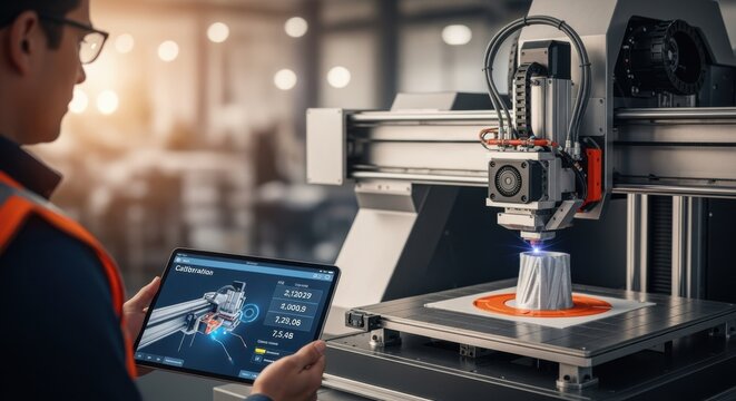 Engineer monitoring gantry calibration parameters on a tablet screen beside a massive 3D printer demonstrating advanced control software in industrial additive manufacturing.