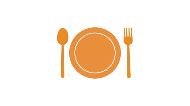Animated orange plate with fork and spoon icon loop on white background, food dining motion graphic element