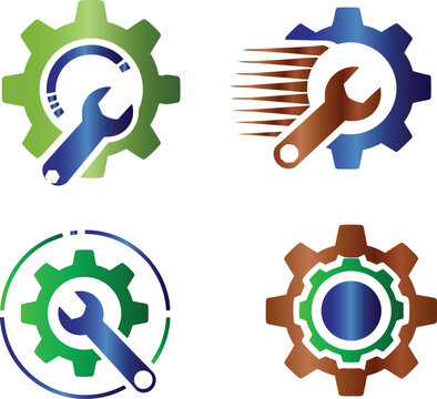 This bundle features 4 colorful gear and wrench logo designs with professional industrial elements. The collection includes a blue spanner inside a green cogwheel, a high-speed wrench icon, a blue and