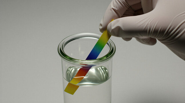 Gloved hand tests liquid in lab vial with color pH strip. Science experiment checks water quality for acidity or alkalinity. Safe measurement for lab work.