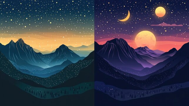 Set of aesthetic day and night landscape of mountains, moon and sun. Wall decor. Minimalist art print template. Modern vector illustration.