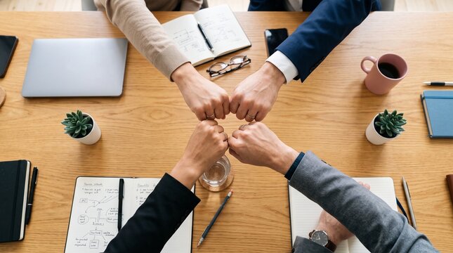 Business Team Fist Bump Around Conference Table Symbolizing Teamwork