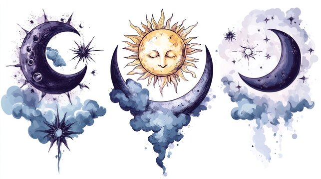 Set of celestial mystic esoteric magic elements sun moon and clouds Different stages of moon, zodiac Signs. Alchemy tattoo object logo template. Vector