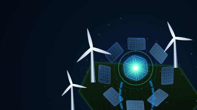 Stylized animation of eco friendly energy network featuring wind turbines and solar panels connected to a glowing central power core representing sustainable green technology