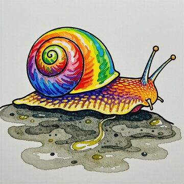 Cute cartoon snail with bright rainbow shell sits on grey stone. Colorful mollusc character spiral shell pattern. Funny drawing shows vivid animal wildlife on white background. Happy gastropod art