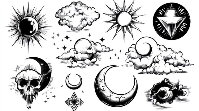 Set of celestial mystic esoteric magic elements sun moon and clouds Different stages of moon, zodiac Signs. Alchemy tattoo object logo template. Vector