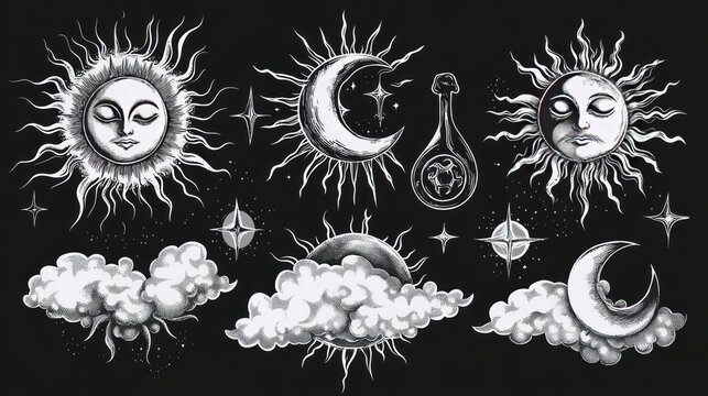 Set of celestial mystic esoteric magic elements sun moon and clouds Different stages of moon, zodiac Signs. Alchemy tattoo object logo template. Vector