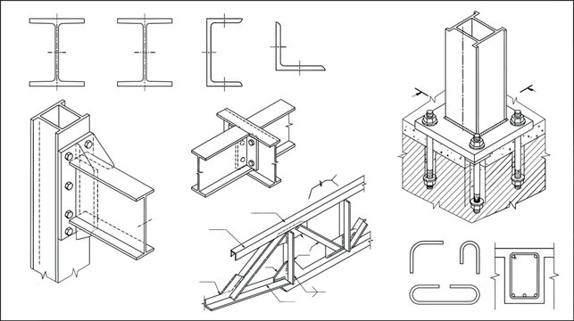 Structural steel cad details vector. Engineering drawing with I beam, H beam, C channel, L angle, beam column connections, base plate, anchor bolts, steel framing and construction blueprint