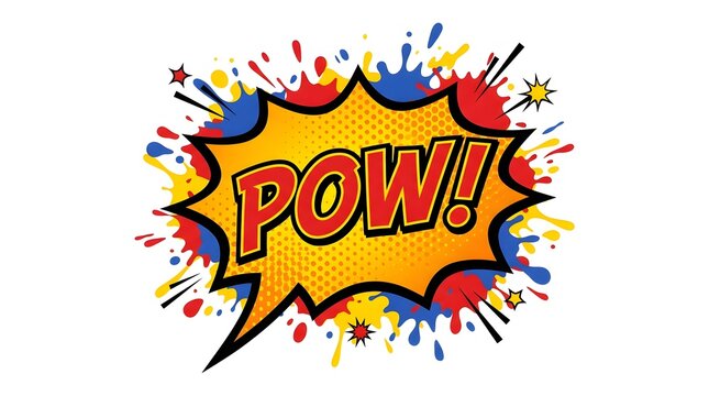 Comic book style pow speech bubble with paint splash effects for action and excitement
