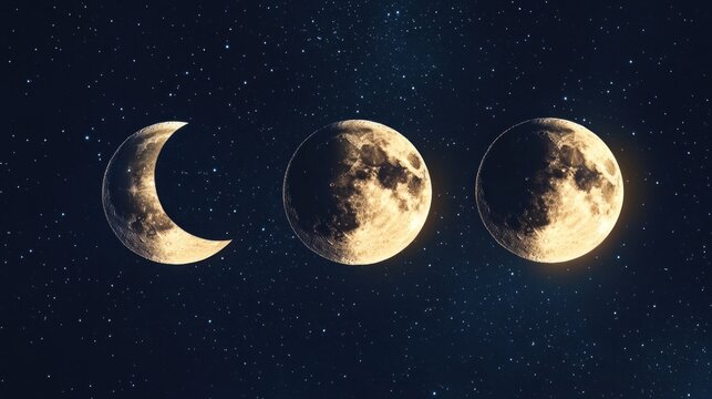 Set of moon phases for new, half, and full