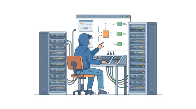 Cybersecurity expert monitors server infrastructure and digital data streams to identify potential network threats and security vulnerabilities.