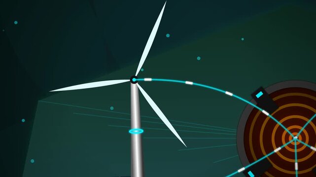Concept animation of a green energy oasis with wind turbines and solar panels transferring renewable power into a centralized smart grid and futuristic city infrastructure