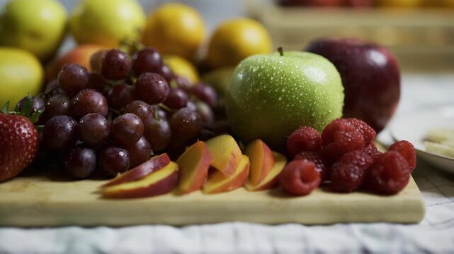 Delicious fruit assembled on kitchen counter - close up tracking shot