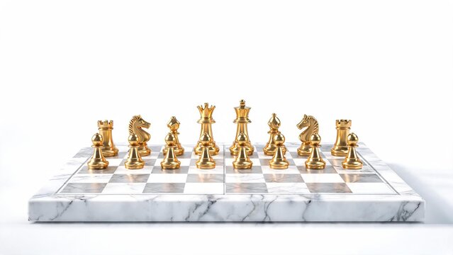 Luxurious gold and white chess set on marble board