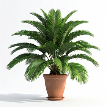 Lush, green, potted palm with feathery fronds on a white background