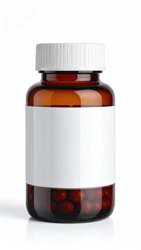 Amber bottle with white cap contains small, round brown pills