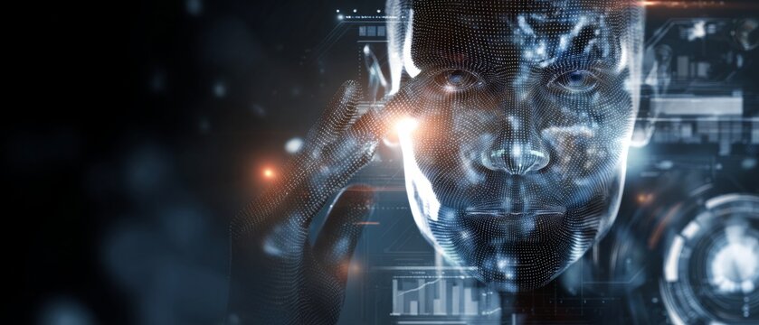 The mask behind the machine: navigating identity in a digital age. High-tech graphics. Exploring complex ai dynamics: masks, scans, and digital frauds. Neon displays. Cyber metrics.