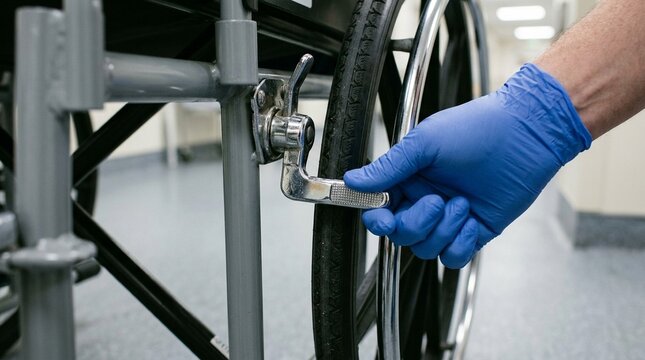 Locking a wheelchair's rear wheels before assisting a patient to stand.