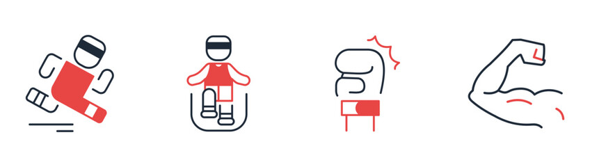 Fitness activity icon set collection featuring running, jump rope cardio, boxing workout, muscle flex, active lifestyle, sport exercise vector illustration © Dhani