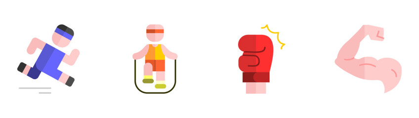 Workout fitness icon set collection featuring running, jump rope cardio, boxing combat, muscle flex, active training, healthy lifestyle vector illustration © Dhani