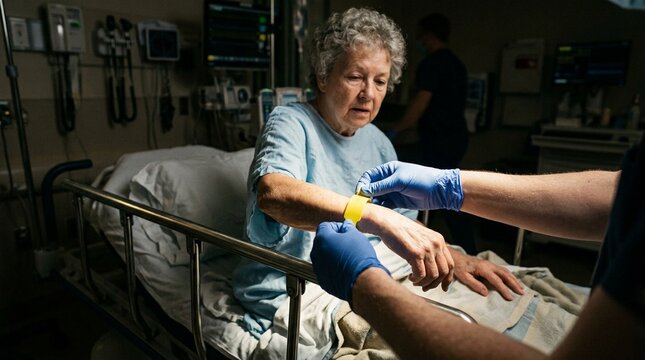 Emergency department nurse placing a fall-risk armband on a dizzy patient.