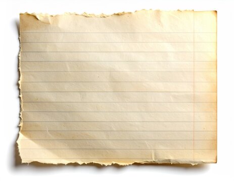 Aged, lined paper fragment, torn edges, yellowed with shadows on white