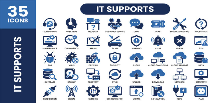 It supports icon set. featuring tech support, operator, scan, maintenance,  warning, troubleshooting, cloud computing, and computer repair symbols for web and app design. Solid icon set