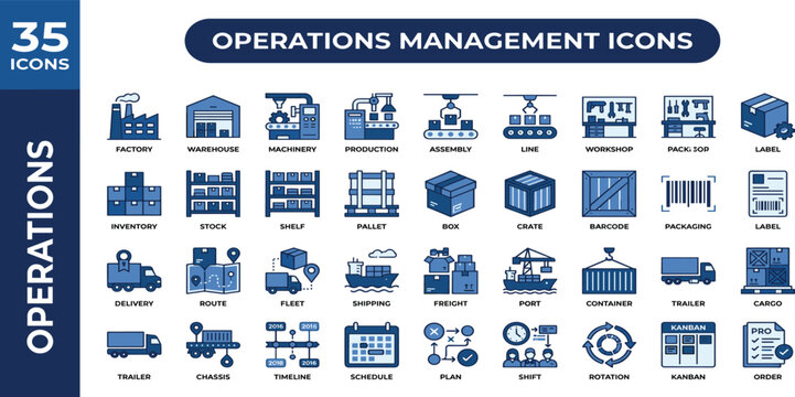 Operations management solid icon set. Containing production, logistics, supply chain, manufacturing, planning, inventory, strategy, customer satisfaction and more. solid icon collection.