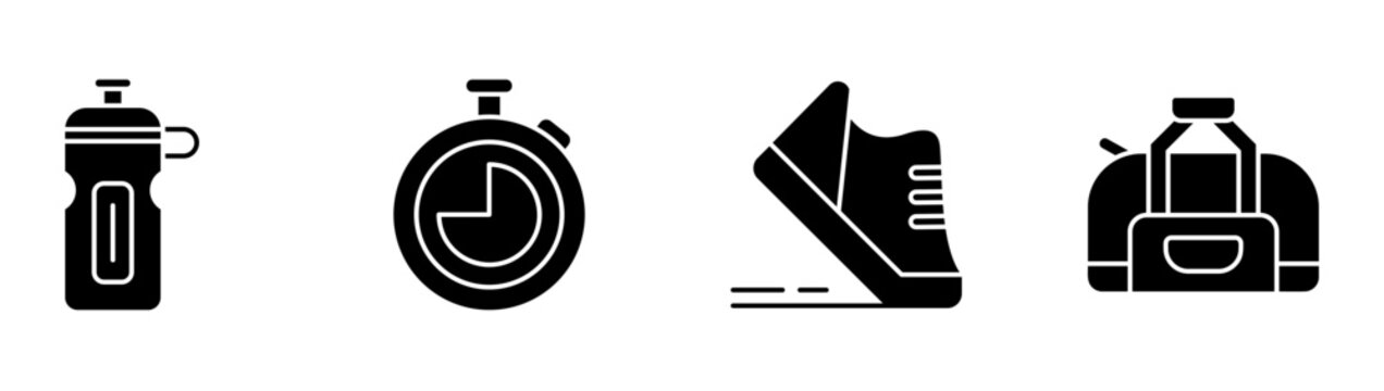 Workout gear icon set collection featuring hydration bottle, training timer, athletic shoes, gym bag, sport essentials vector illustration