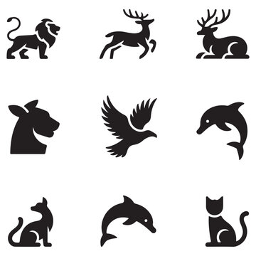 Black silhouettes of various animals including mammals birds reptiles and amphibians