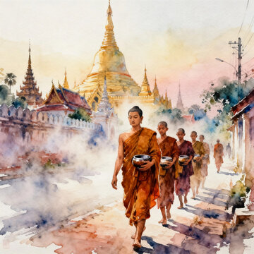 ：Watercolor Painting of Buddhist Monks Alms-giving Walk in Southeast Asian Temple Town