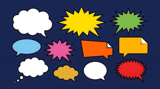Set of colorful speech bubbles and comic explosion clouds on dark background