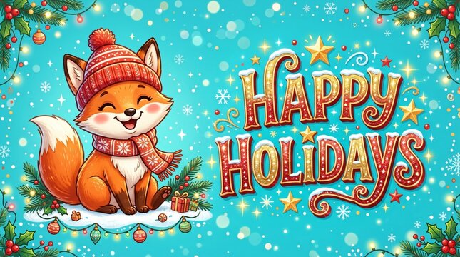 Happy Holidays greeting card with cute fox, winter animal in hat and scarf, festive blue background with snowflakes and stars