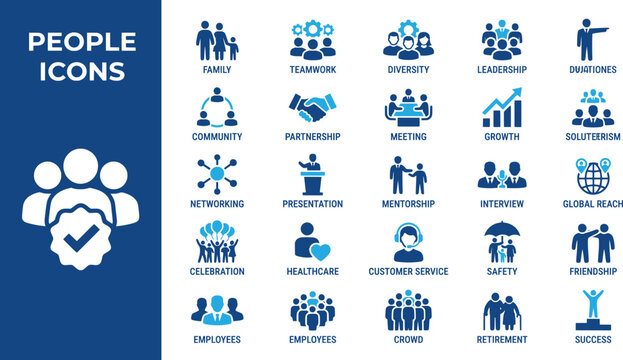 Diverse people icons representing teamwork leadership and community in a clean vector illustration style