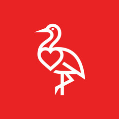 Obraz premium Minimalist stork bird with heart icon on red background.
