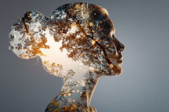 Balancing elements: a journey into nature's soul and human peace. Global online community. Ethereal balance: woman's spirit merged with the earth's beauty. Networked people design.