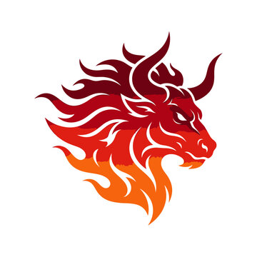 Red flaming bull head logo with sharp horn detail.